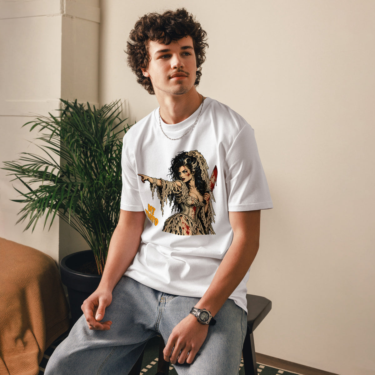 Modelo vistiendo camiseta blanca con diseño retro de novia cadáver vintage

