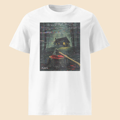 Camiseta blanca de algodón orgánico con diseño de cabaña de terror VHS The Cabin Melian Vintage
