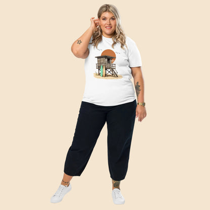 Estilo playero relajado con camiseta blanca de corte unisex años 70
