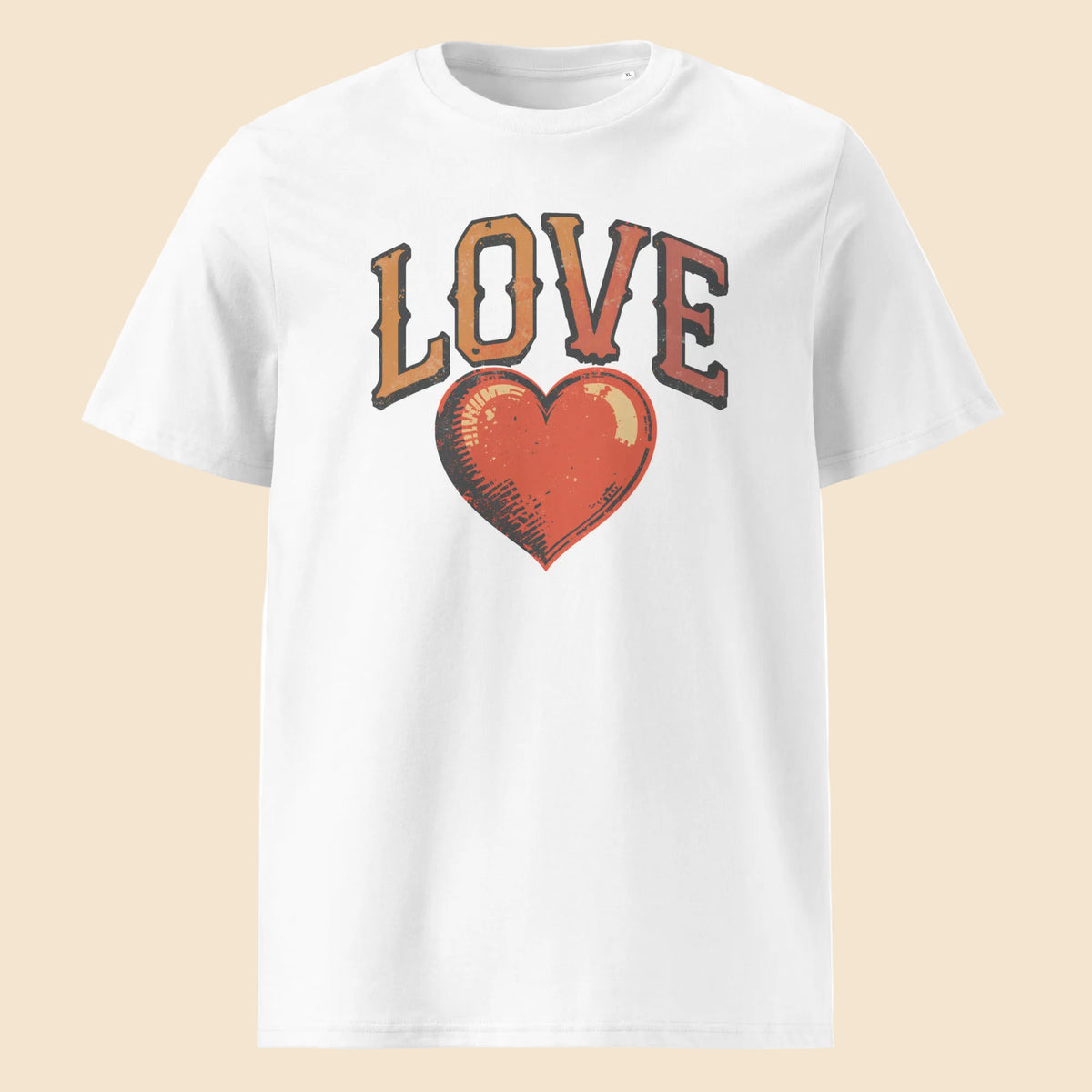 Camiseta blanca de algodón orgánico con tipografía LOVE y corazón vintage Melian Vintage
