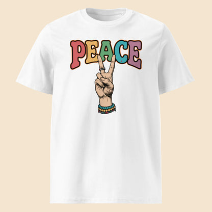 Camiseta blanca de algodón orgánico con gráfico de símbolo de la paz y letras PEACE Melian Vintage
