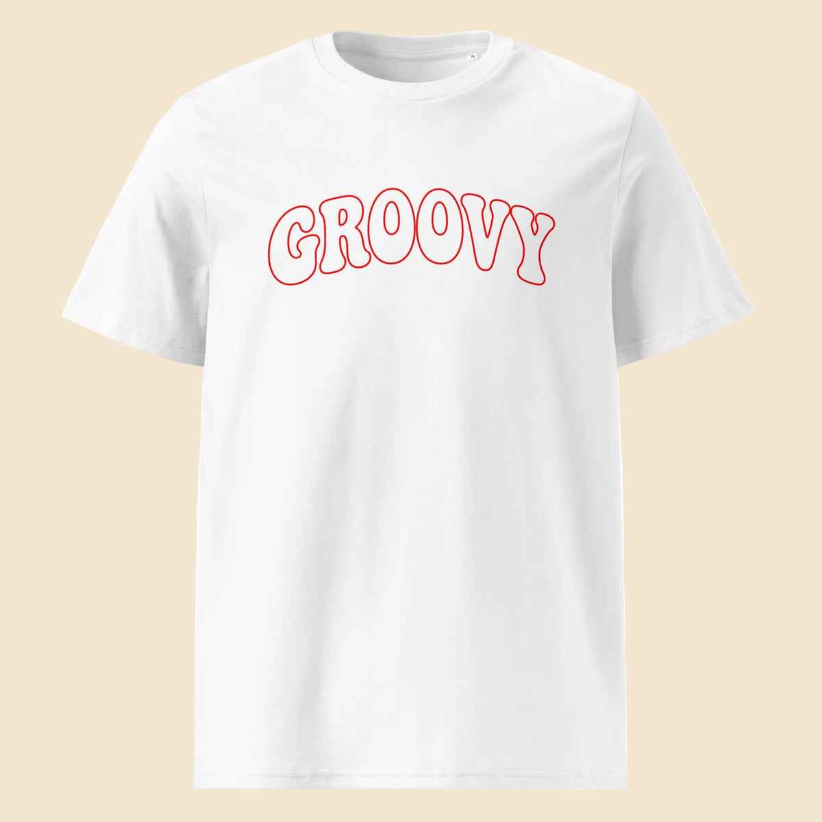 Camiseta blanca de algodón orgánico con tipografía roja en arco Groovy Melian Vintage
