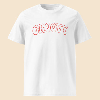 Camiseta blanca de algodón orgánico con tipografía roja en arco Groovy Melian Vintage
