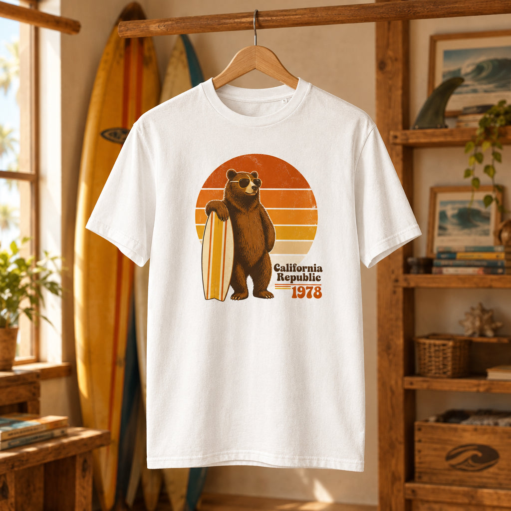 Camiseta blanca de algodón orgánico con gráfico de oso surfista California Republic 1978 Melian Vintage
