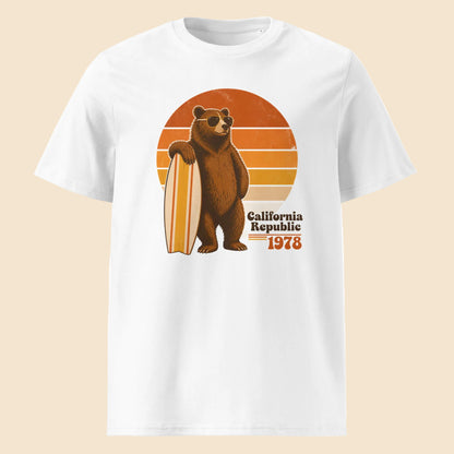Camiseta blanca de algodón orgánico con gráfico de oso surfista California Republic 1978 Melian Vintage

