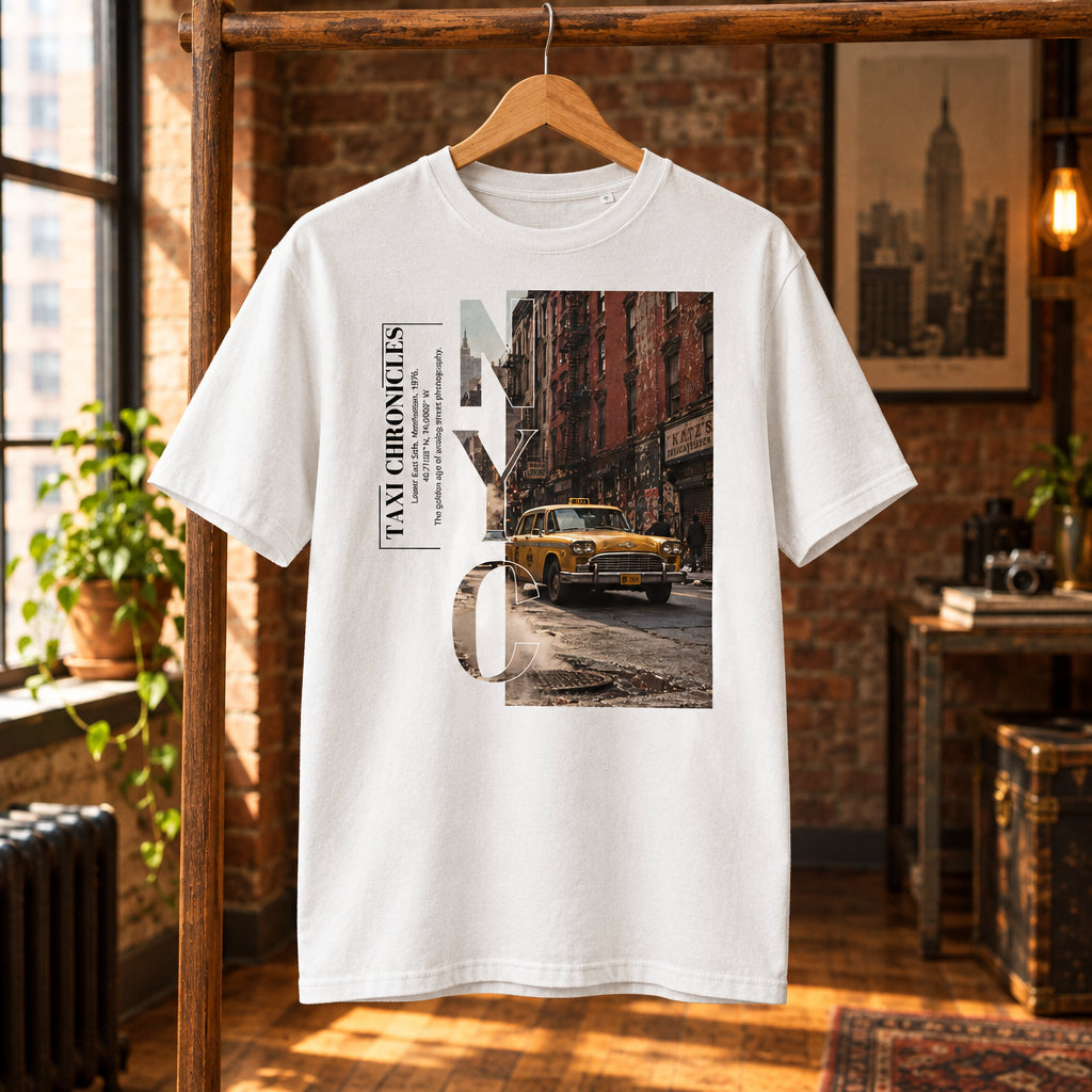 Camiseta blanca de algodón orgánico con fotografía vintage de taxi en Nueva York Taxi Chronicles Melian Vintage
