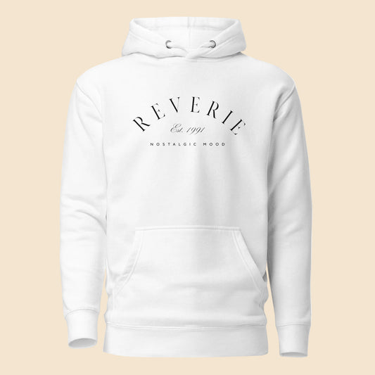 Sudadera con capucha premium blanca con diseño minimalista Reverie Nostalgic Mood.