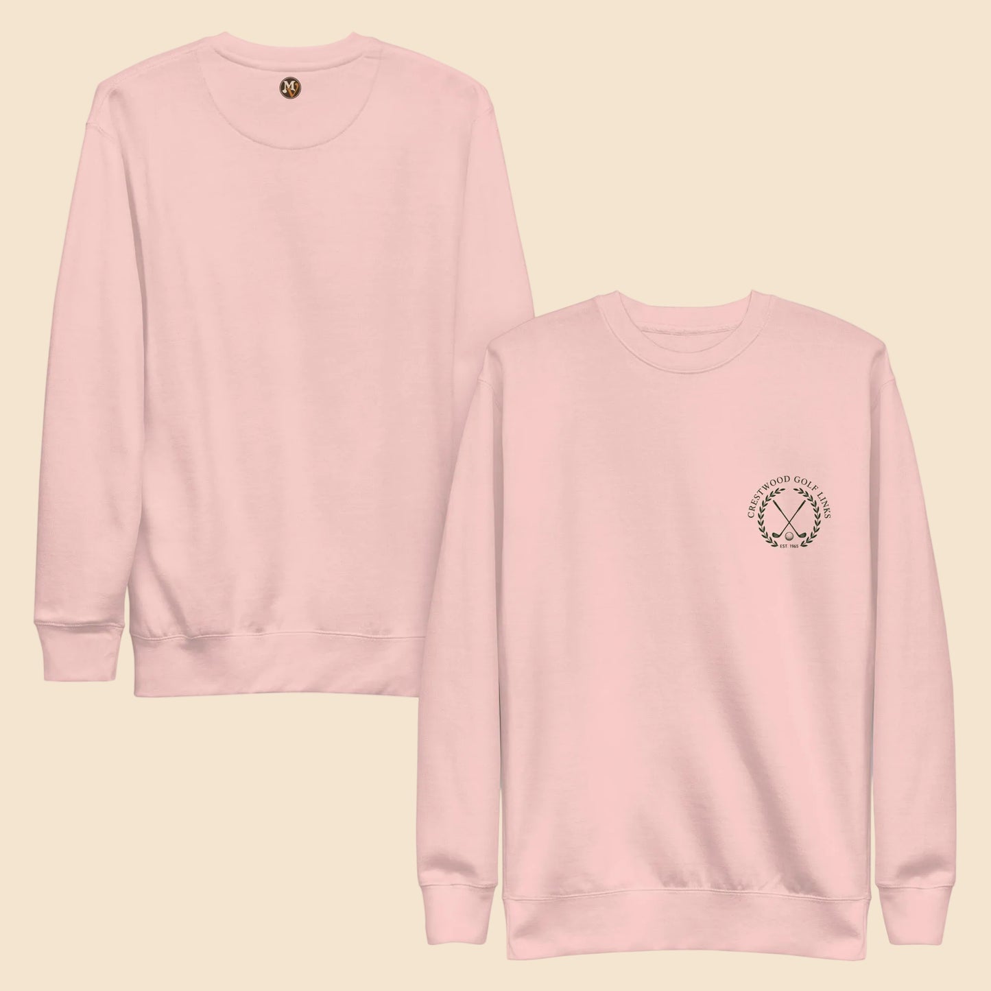 Vista frontal y trasera de sudadera rosa claro premium sin capucha.