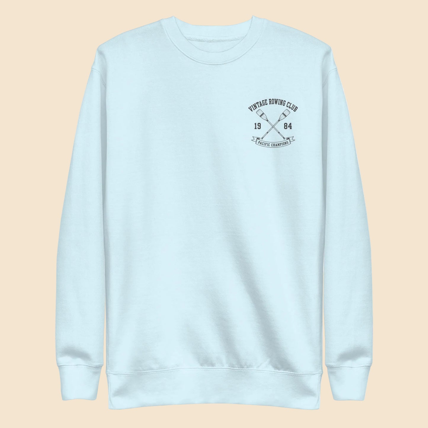 Sudadera premium de cuello redondo azul claro con diseño de club de remo Vintage Rowing Club.