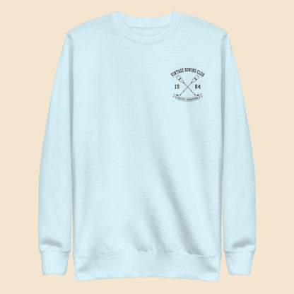 Sudadera premium de cuello redondo azul claro con diseño de club de remo Vintage Rowing Club.