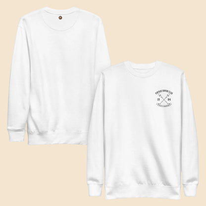 Sudadera premium blanca de cuello redondo con gráfica de club deportivo vintage.