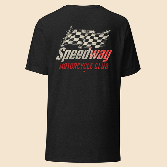 Camiseta negra de manga corta con diseño de estilo motero clasico Speedway Motorcycle Club y bandera a cuadros retro.