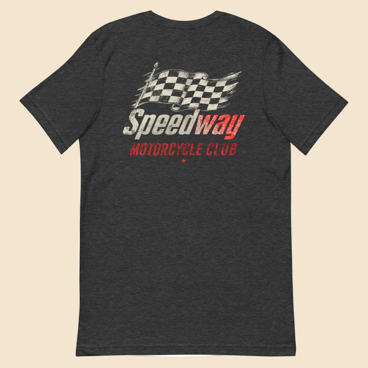 Camiseta gris asfalto mostrando la ilustracion vintage de Speedway y estilo garage.
