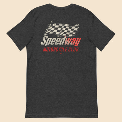 Camiseta gris asfalto mostrando la ilustracion vintage de Speedway y estilo garage.
