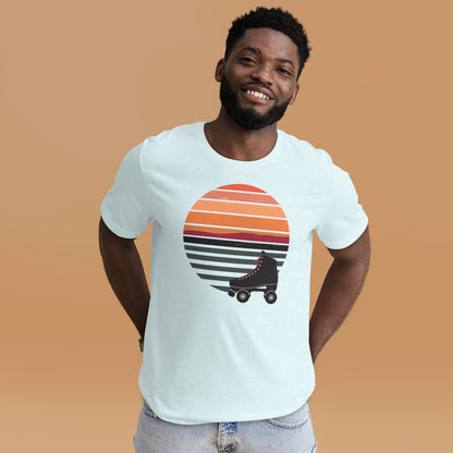 Hombre con camiseta azul claro de diseño vintage roller sunset