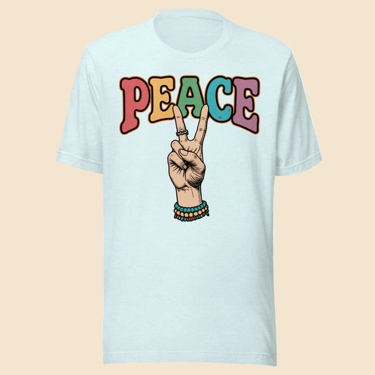 Camiseta unisex color azul claro con diseño Peace multicolor y símbolo de la paz estilo vintage hippie
