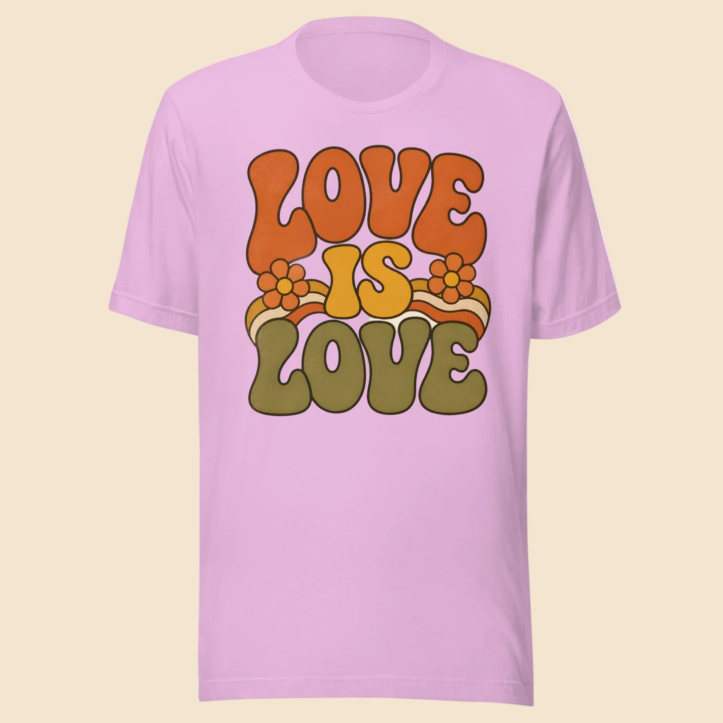 Camiseta unisex lila con diseño retro Love Is Love floral en tonos naranja, amarillo y verde