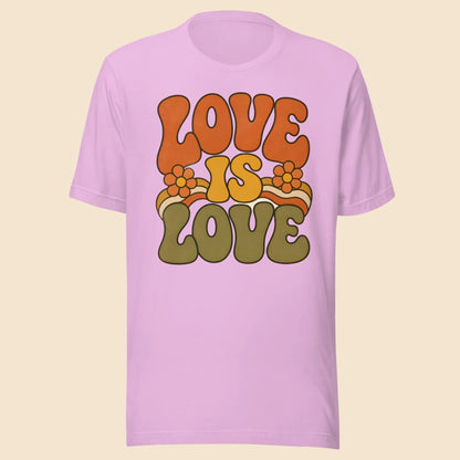 Camiseta unisex lila con diseño retro Love Is Love floral en tonos naranja, amarillo y verde