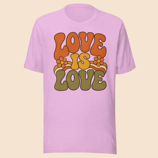 Camiseta unisex lila con diseño retro Love Is Love floral en tonos naranja, amarillo y verde