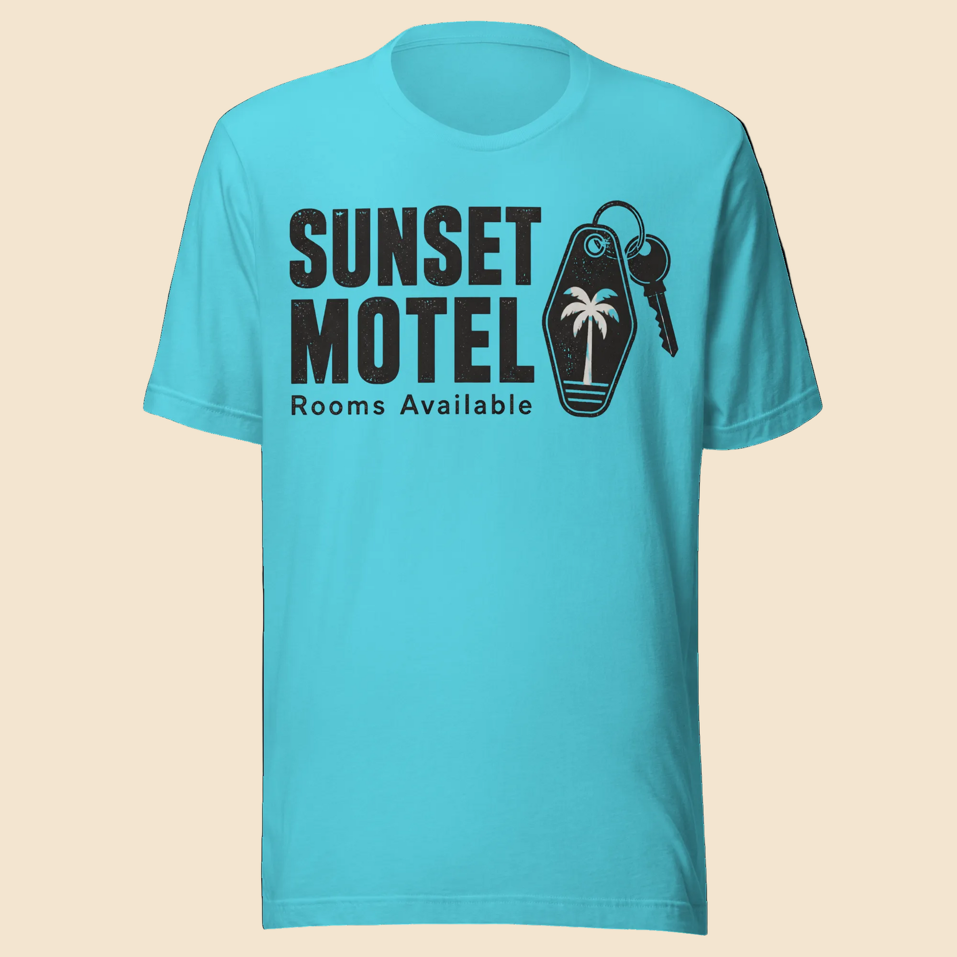 Camiseta azul turquesa de manga corta con diseño retro en negro del cartel Sunset Motel, una palmera y llaves vintage.