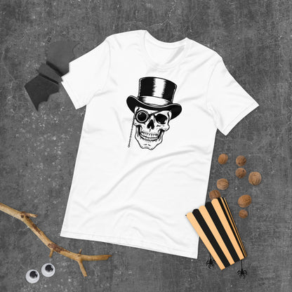 Camiseta blanca con diseño vintage de calavera con sombrero de copa, monóculo y cadena