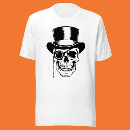 Camiseta blanca Bella+Canvas 3001 con ilustración vintage de una calavera con sombrero de copa y monóculo