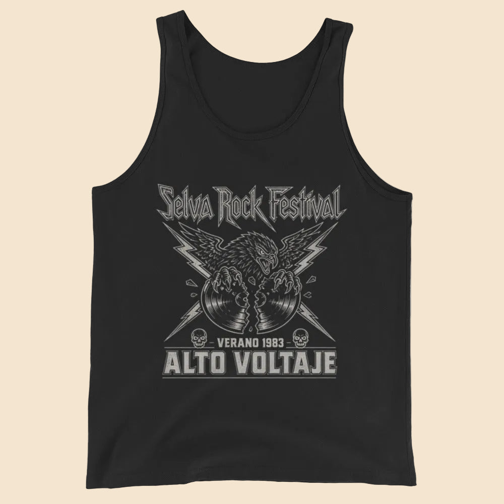 Camiseta de tirantes unisex en color negro con diseño frontal retro Selva Rock Festival y águila rompiendo un vinilo.