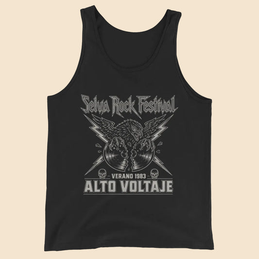 Camiseta de tirantes unisex en color negro con diseño frontal retro Selva Rock Festival y águila rompiendo un vinilo.