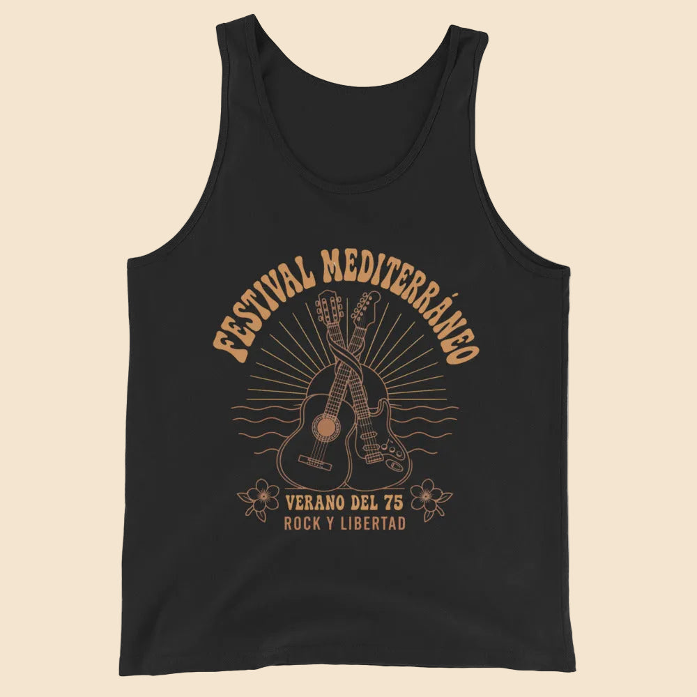 Camiseta de tirantes unisex en color negro con diseño frontal festival del 75
