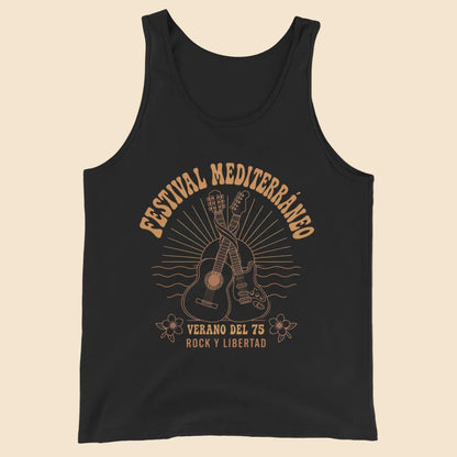 Camiseta de tirantes unisex en color negro con diseño frontal festival del 75