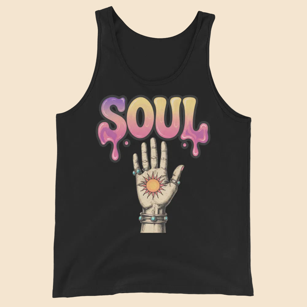 Camiseta de tirantes unisex en color negro con diseño frontal esotérico de mano y tipografía 