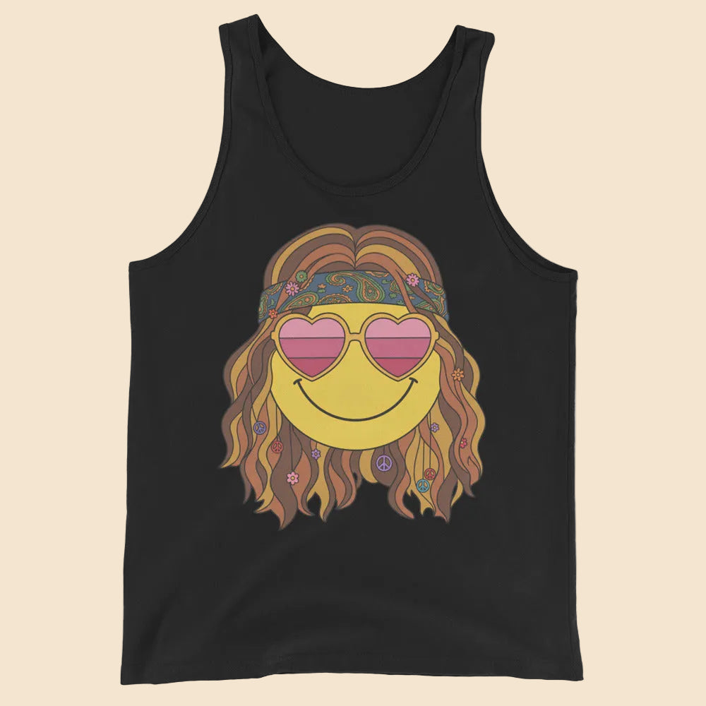 Camiseta de tirantes negra con diseño retro de rostro sonriente y gafas de sol, vista frontal sobre fondo neutro