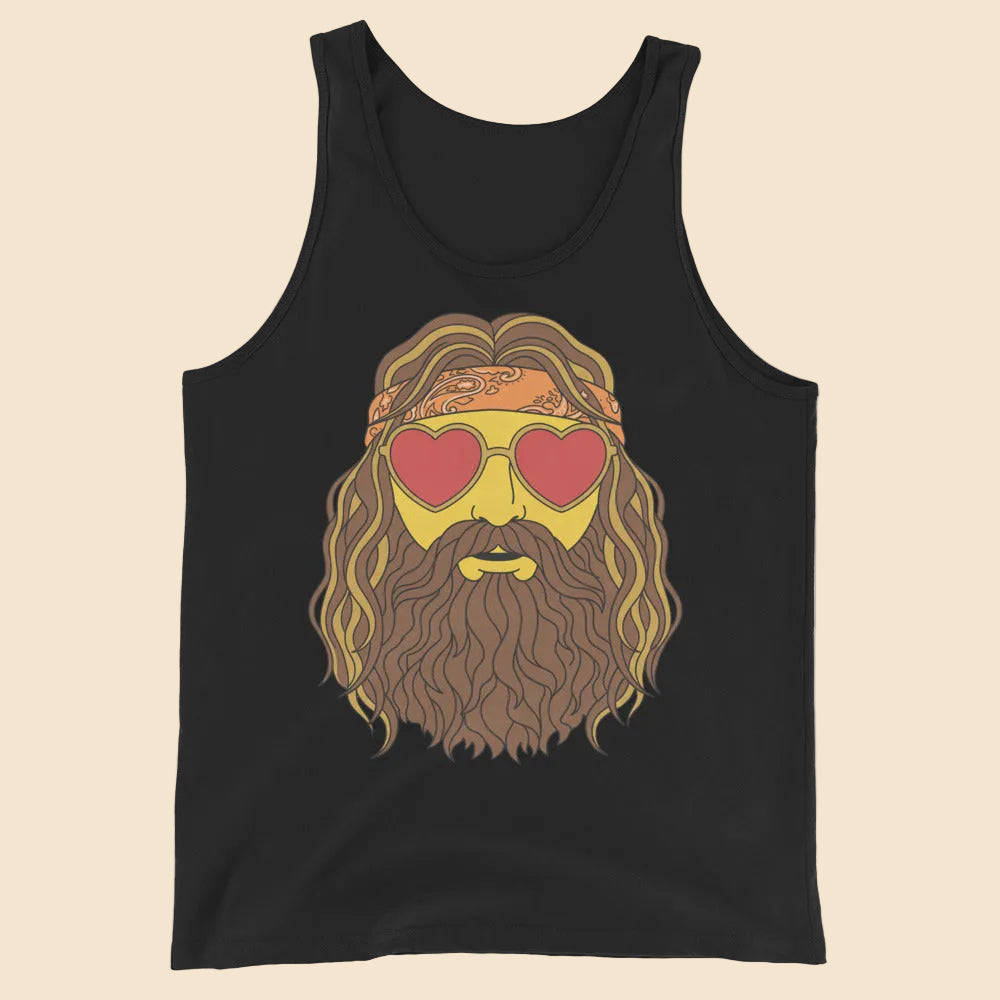 Camiseta de tirantes negra con diseño retro de rostro barbudo y gafas de corazón rojas, vista frontal
