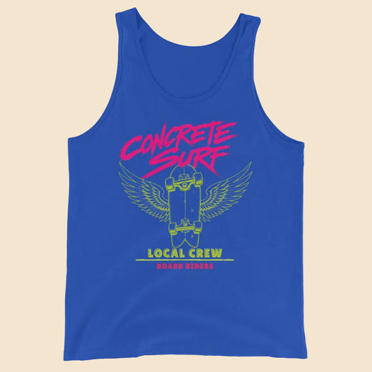 Camiseta de tirantes azul con diseño retro “Concrete Surf Local Crew”, vista frontal