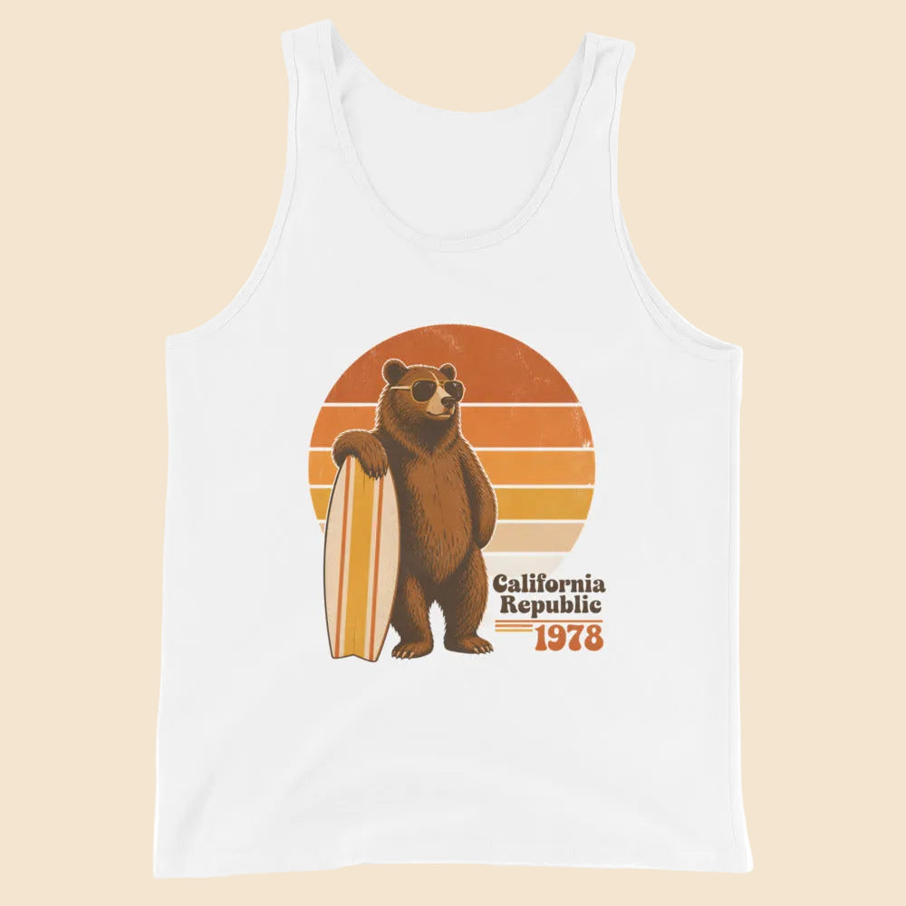 Camiseta de tirantes blanca California Republic 1978 con oso surfista y tabla de surf en estilo vintage