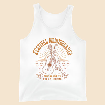 Camiseta de tirantes unisex en color blanco con diseño frontal festival del 75
