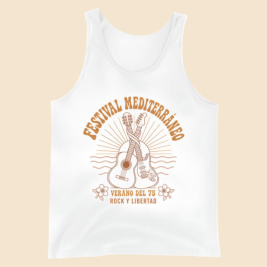 Camiseta de tirantes unisex en color blanco con diseño frontal festival del 75